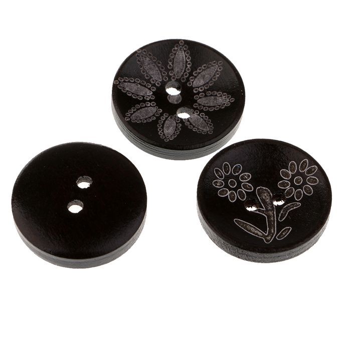 50 Pcs Black 2 Hole Buttons Wood Button Assorted Coffee Pattern Diy