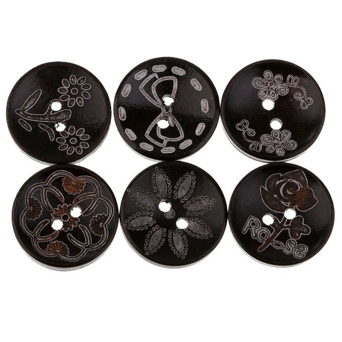 50 Pcs Black 2 Hole Buttons Wood Button Assorted Coffee Pattern Diy