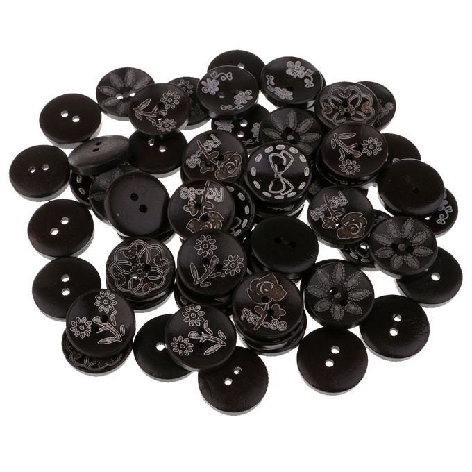 50 Pcs Black 2 Hole Buttons Wood Button Assorted Coffee Pattern Diy