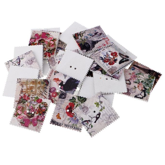Prettyia 50pcs Assorted Printed Stamps Wooden Buttons For Decoration