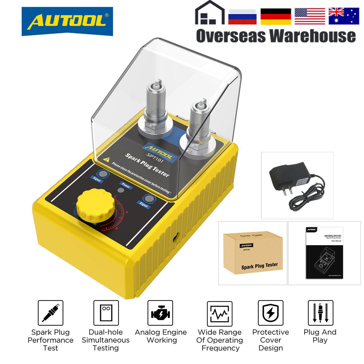 AUTOOL SPT101 Car Spark Plug Tester Auto Adjustable Double Hole Detector Ignition Candle Tester 110V 220V For 12V Vehicles 110V