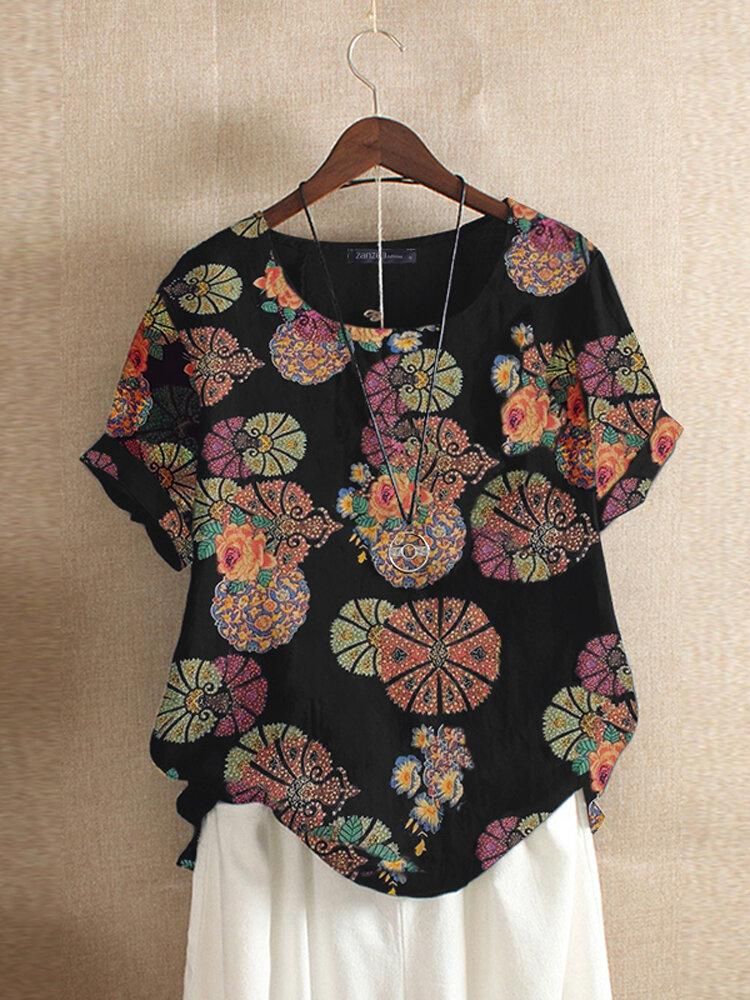 Floral Print O-neck Short Sleeved Summer T-shirts For Women