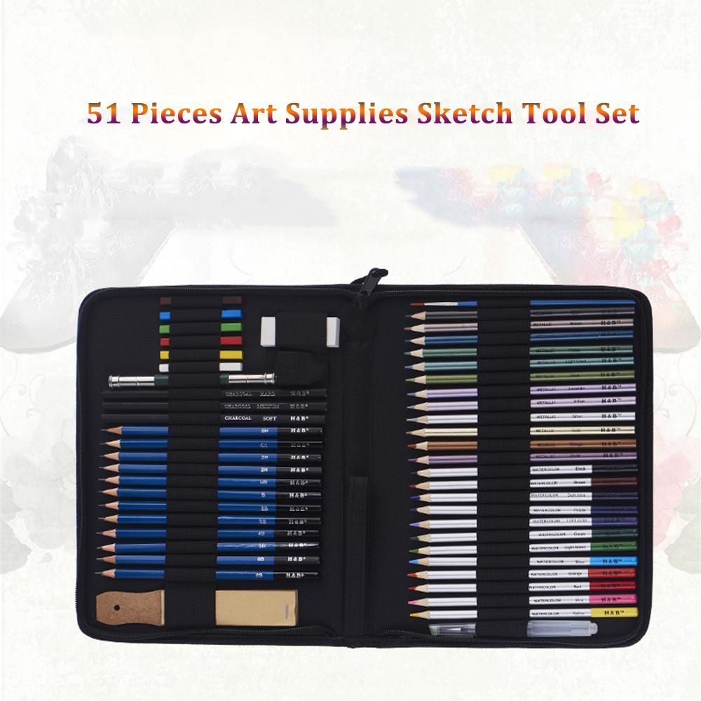 H&B 51pcs/set Professional Drawing Kit Wood Pencil Sketching Pencils Art Sketch Painting Supplies with Carrying Bag