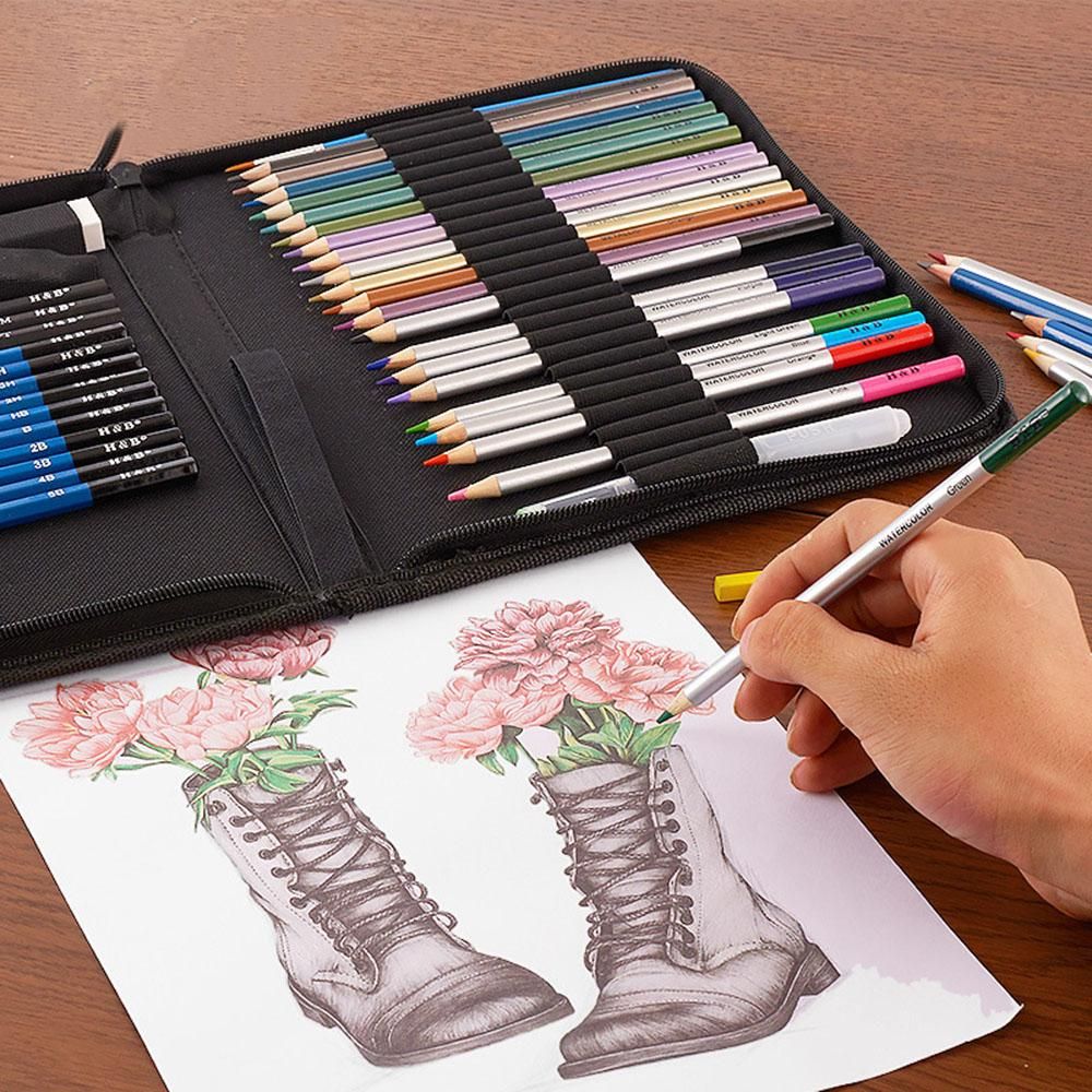 H&B 51pcs/set Professional Drawing Kit Wood Pencil Sketching Pencils Art Sketch Painting Supplies with Carrying Bag