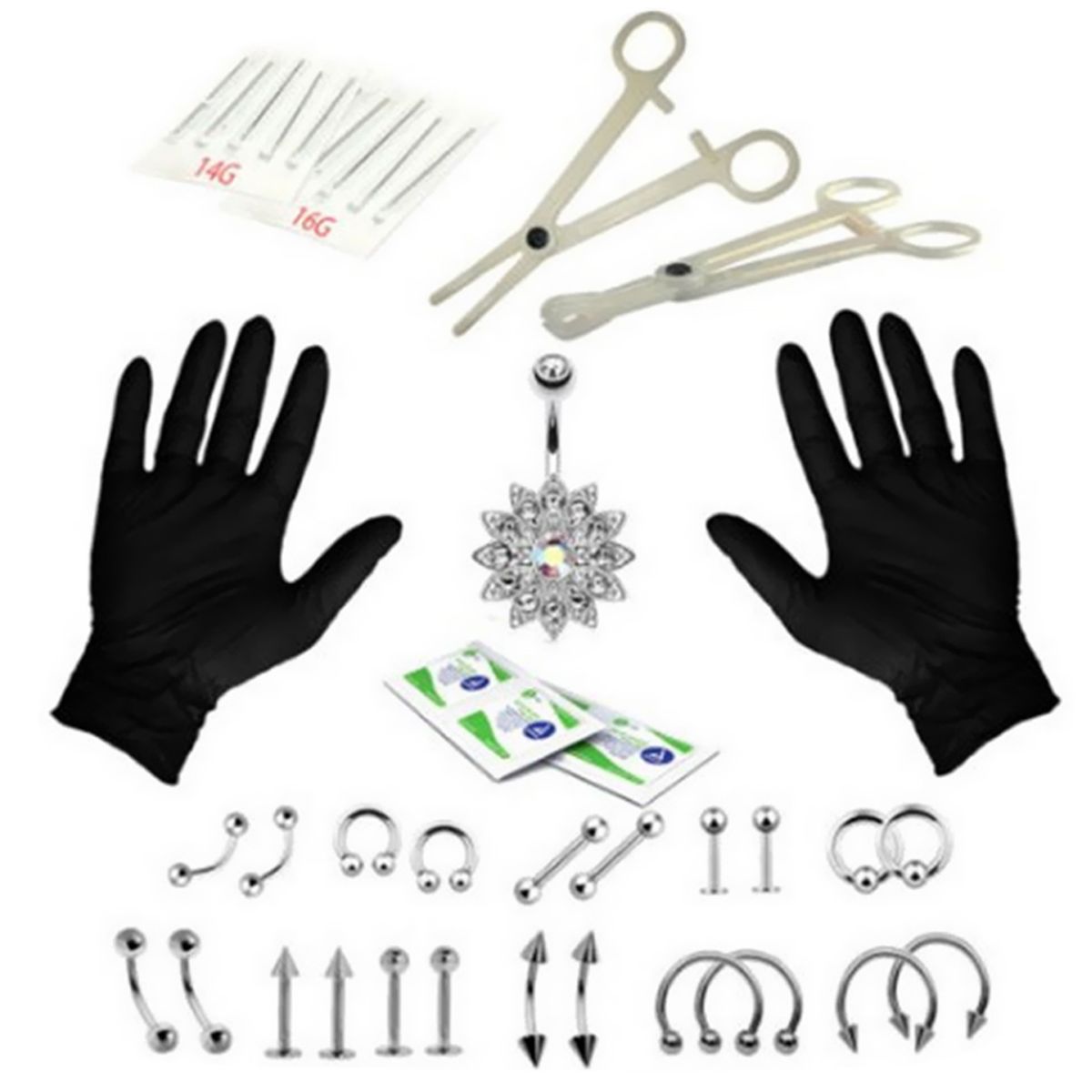 41pcs Body Piercing Jewelry Kit Nose Tragus Belly Tongue