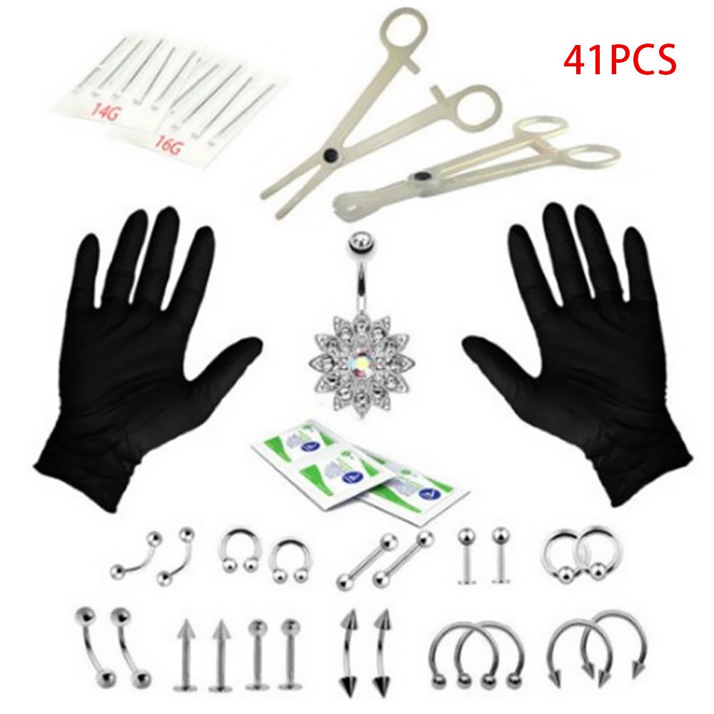 41pcs Body Piercing Jewelry Kit Nose Tragus Belly Tongue