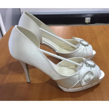 Satin Diamante Bow Peep Toe Heels - White