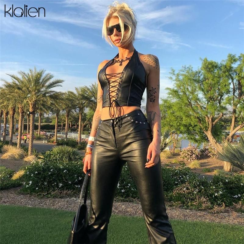 Crop Tops Punk Black Leather For Women Elastic Camisole Sleeveless Sleeveless Sleeve Sleeve