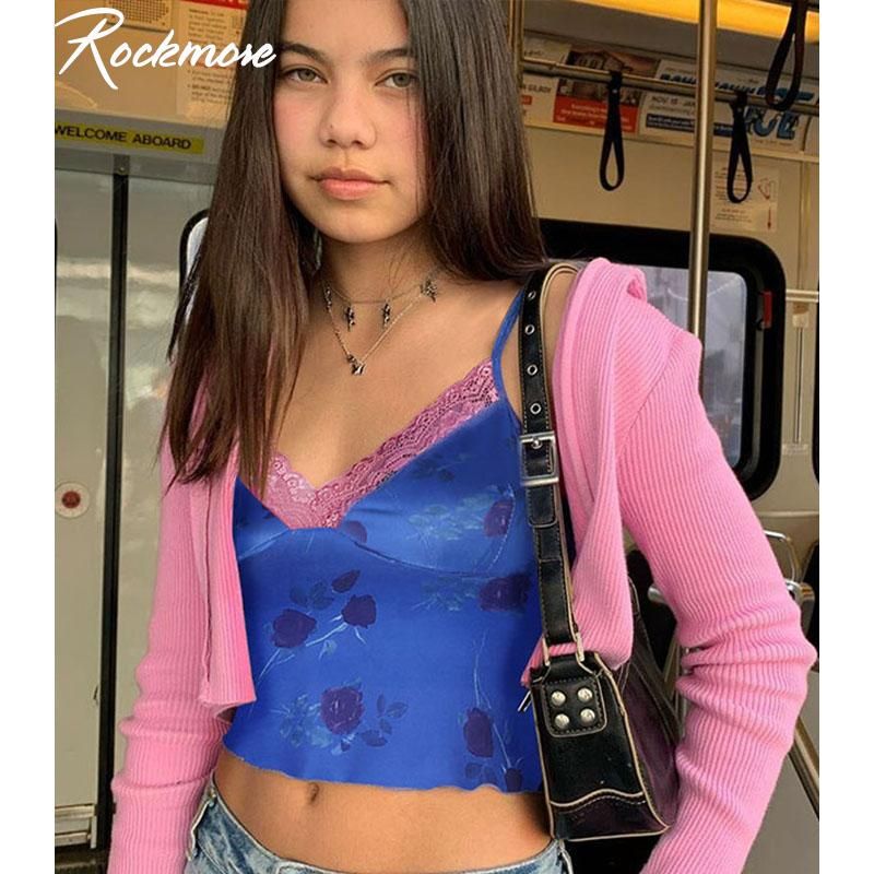 Lace Camisole with Rose Print for Women Sexy Camisole With Fine Cutting Straps Under Short Tops Y2K Dress Sleeveless Party Tops