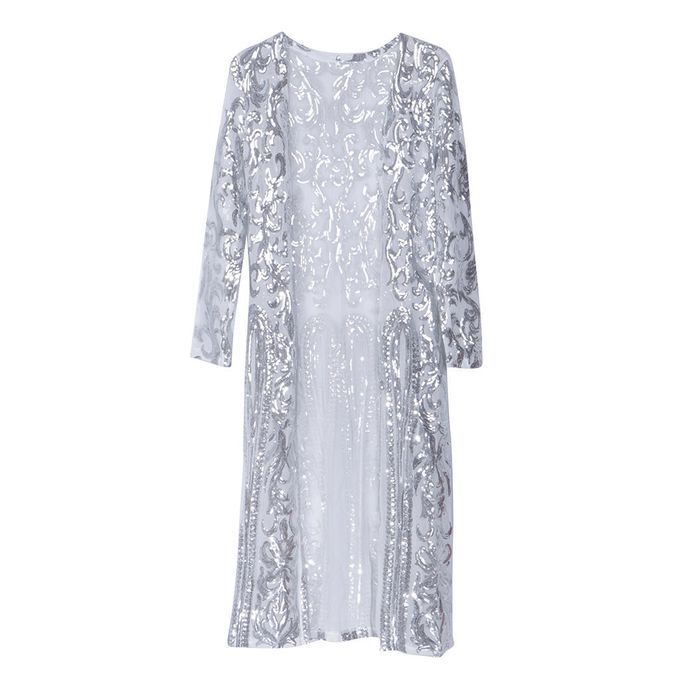 Women Open Front Sequins Perspective Cloak Coat Long Cardigan Silver