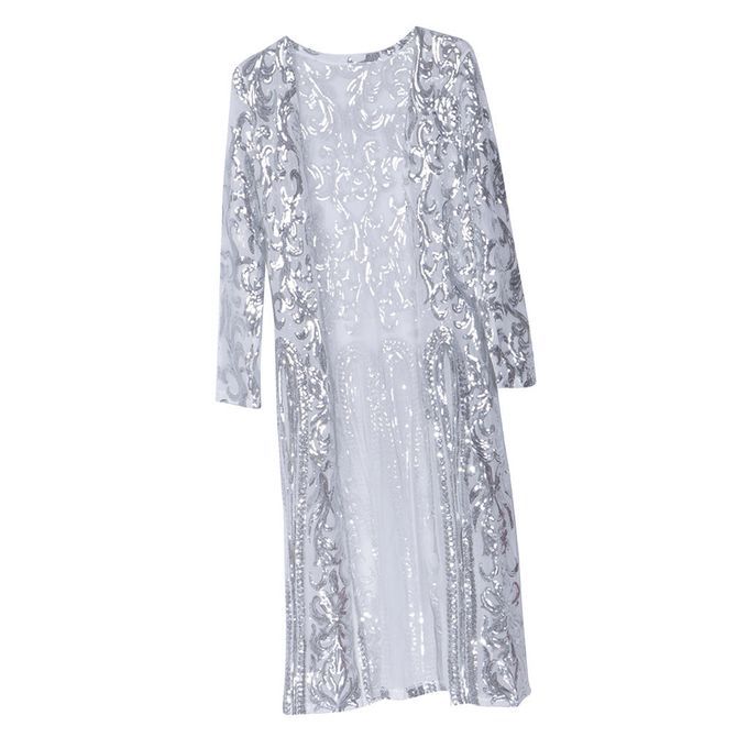 Women Open Front Sequins Perspective Cloak Coat Long Cardigan Silver