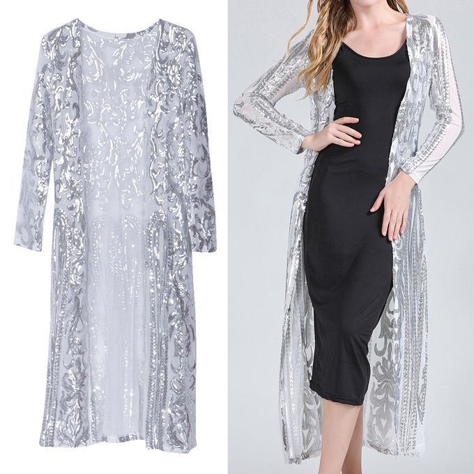 Women Open Front Sequins Perspective Cloak Coat Long Cardigan Silver