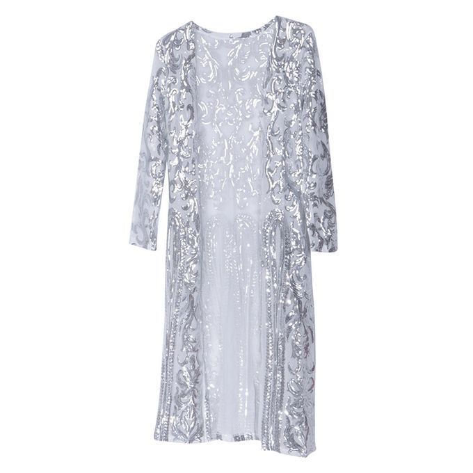 Women Open Front Sequins Perspective Cloak Coat Long Cardigan Silver