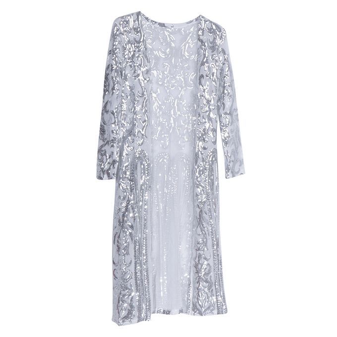 Women Open Front Sequins Perspective Cloak Coat Long Cardigan Silver