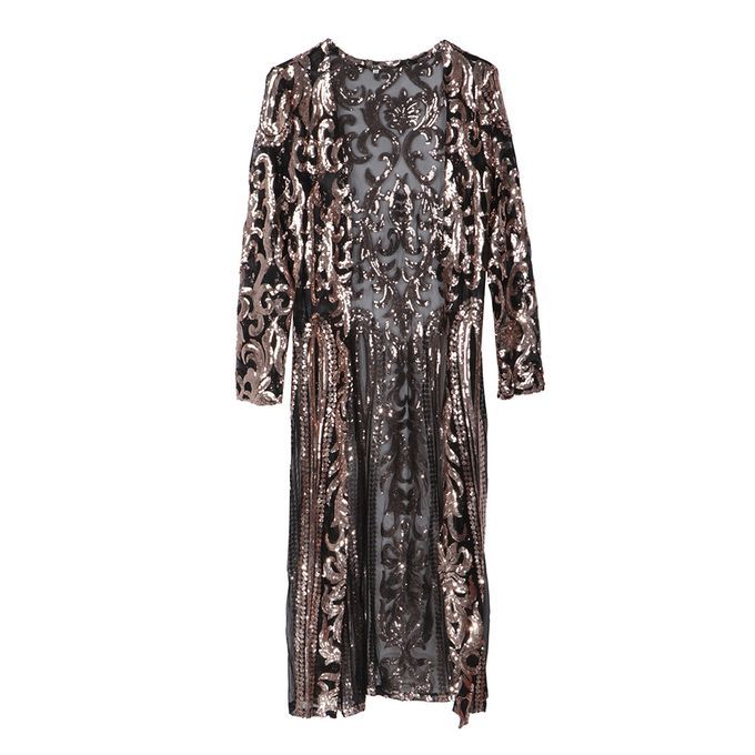 Sequins Long Cardigan Open Front Vintage Outerwear Long Sleeve Black