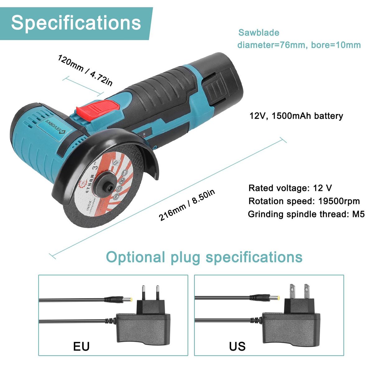 12 V 19500rpm Electric Grinding Tool Multifunctional Angle Grinder Handheld Cutter for Cutting Polishing Ceramic Tile Wood Stone Steel