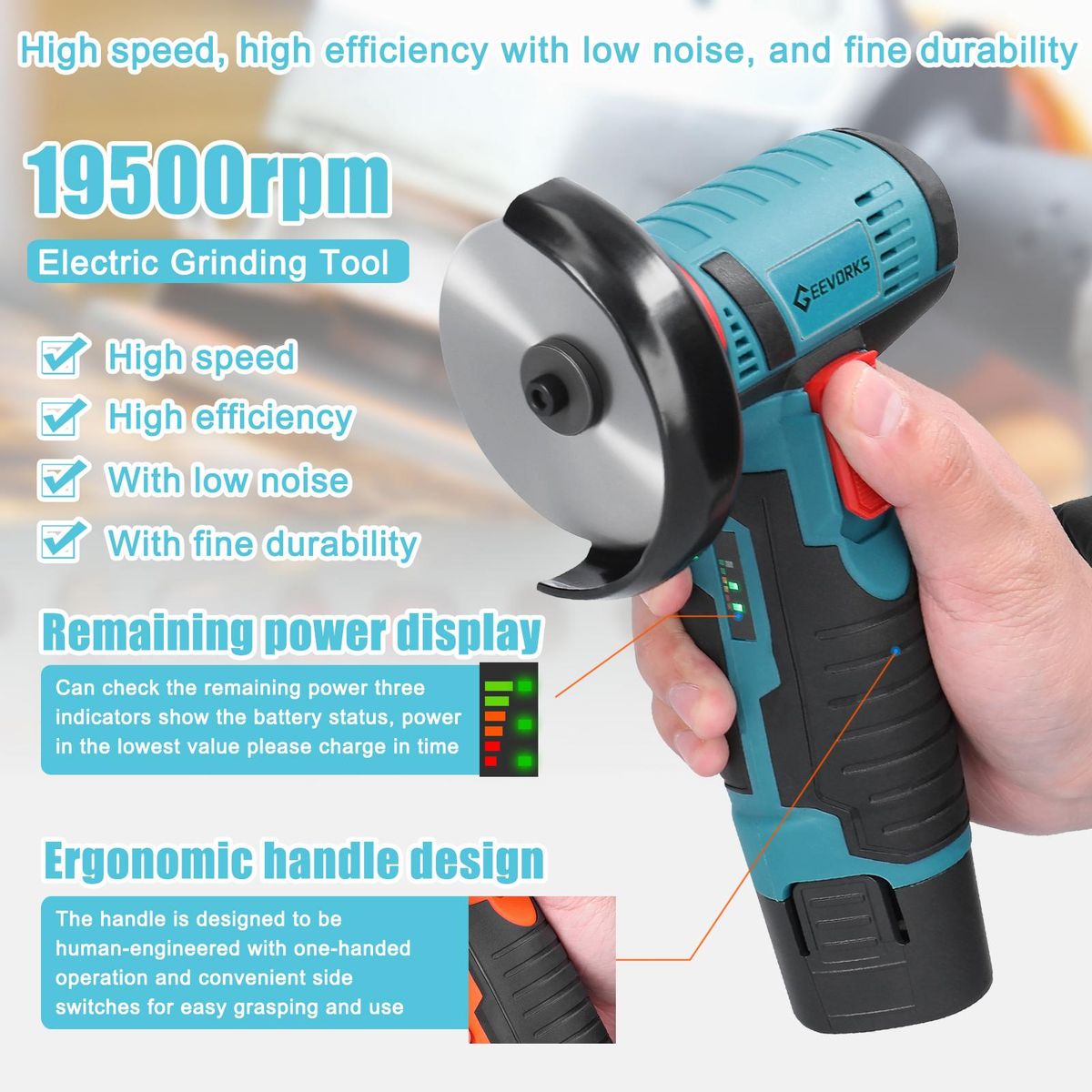 12 V 19500rpm Electric Grinding Tool Multifunctional Angle Grinder Handheld Cutter for Cutting Polishing Ceramic Tile Wood Stone Steel