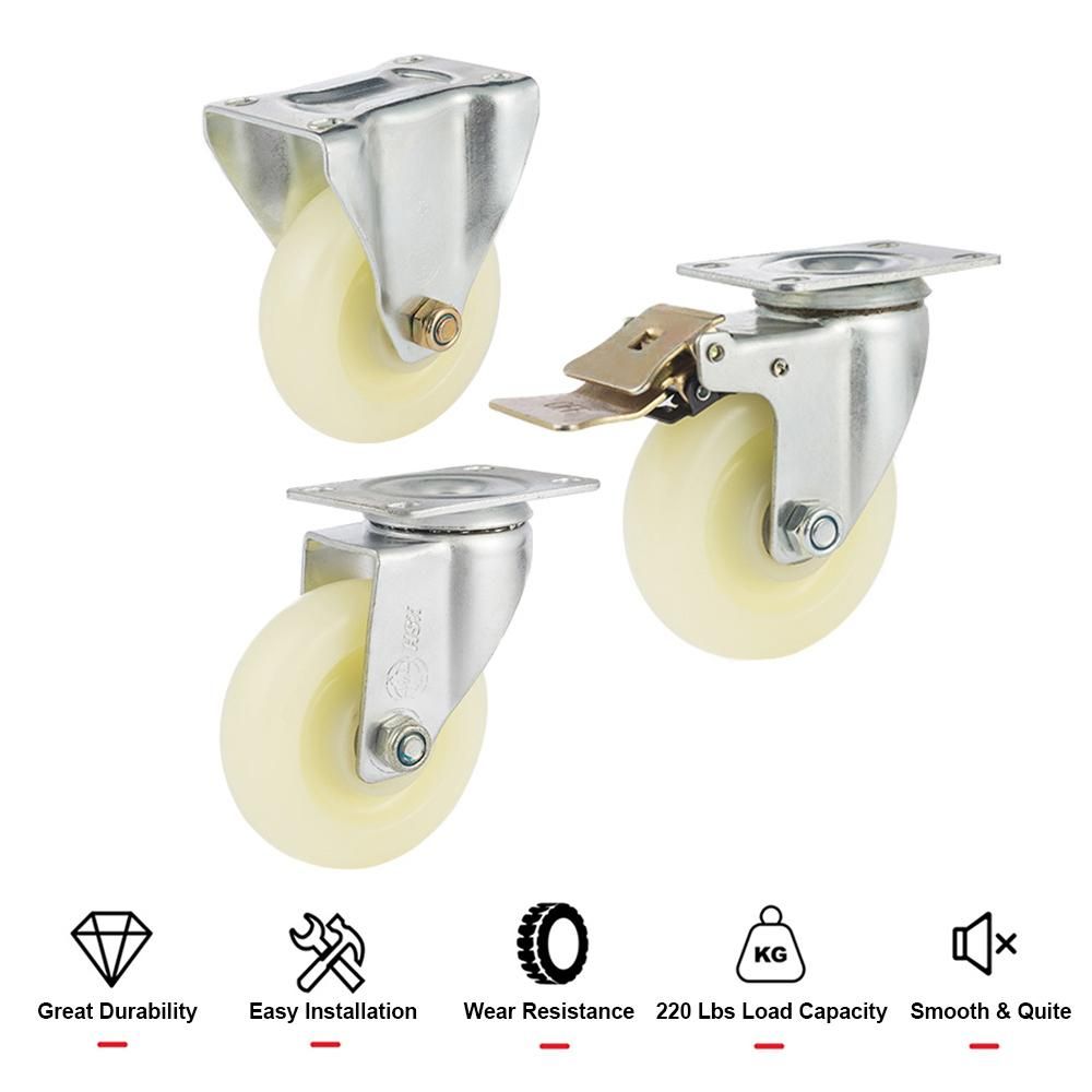 5 Inch Heavy Duty Castor with Brake Industrial Rack Casters 220 Lbs Load Capacity Locking Cart Wheels Wear Resistant Quiet Top Plate Rigid Nylon Roller