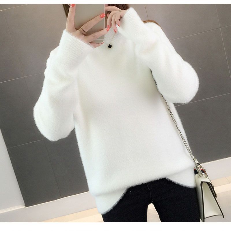 Warm Fall Knitted Faux Mink Fur Pullover Women Long Hair Turtle Neck Tops Ladies White Solid Color Jumper Casual Femme Pull Top(#White)