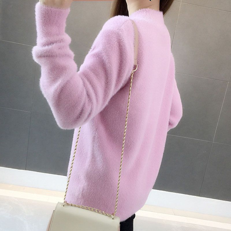 Warm Fall Knitted Faux Mink Fur Pullover Women Long Hair Turtle Neck Tops Ladies White Solid Color Jumper Casual Femme Pull Top(#White)