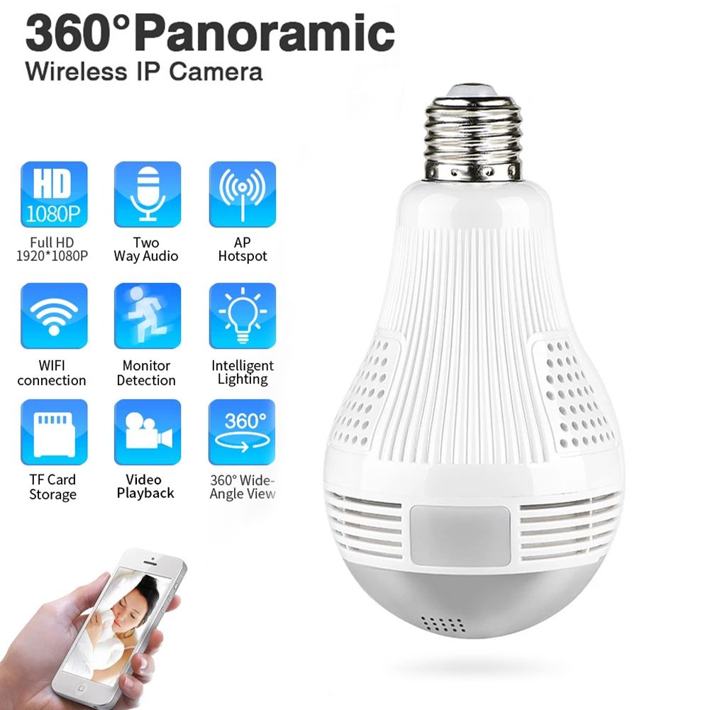 V380 PRO HD 360° Panoramic Wifi 1080P IP Camera Fisheye Light Bulb Video Surveillance With Night Vision Two-way Ntercom Audio