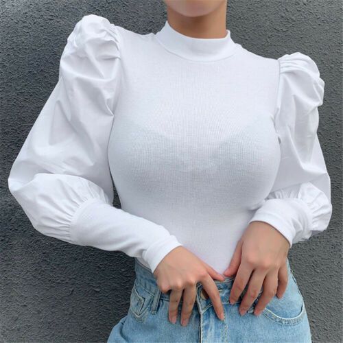 2020 Retro Womens Long Puff Sleeve Blouse Shirts Spring Fall Black  Solid