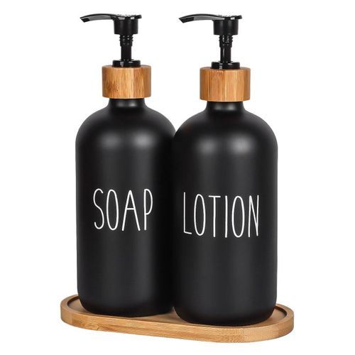 Black Glass Soap And Lotion Dispenser Set: 500ml With Wooden