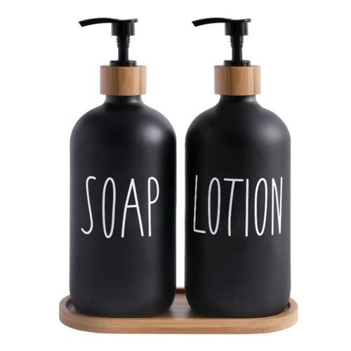 Black Glass Soap And Lotion Dispenser Set: 500ml With Wooden