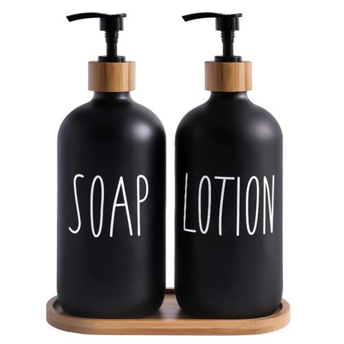 Black Glass Soap And Lotion Dispenser Set: 500ml With Wooden