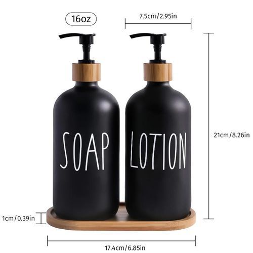 Black Glass Soap And Lotion Dispenser Set: 500ml With Wooden