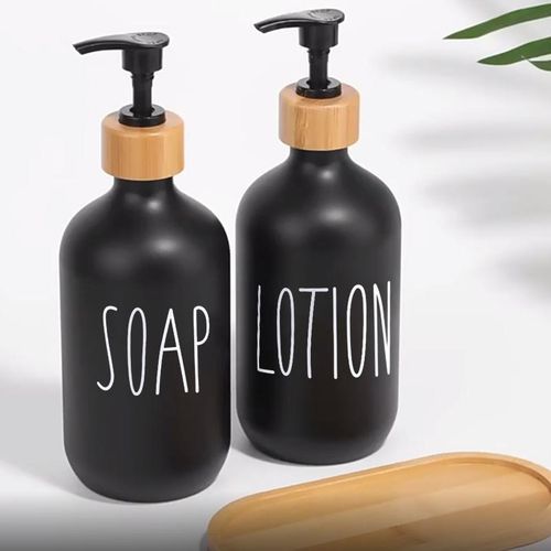 Black Glass Soap And Lotion Dispenser Set: 500ml With Wooden