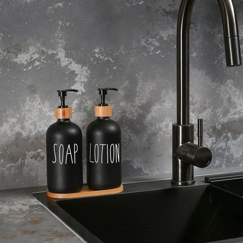 Black Glass Soap And Lotion Dispenser Set: 500ml With Wooden