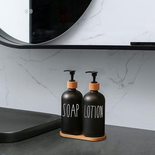 Black Glass Soap And Lotion Dispenser Set: 500ml With Wooden
