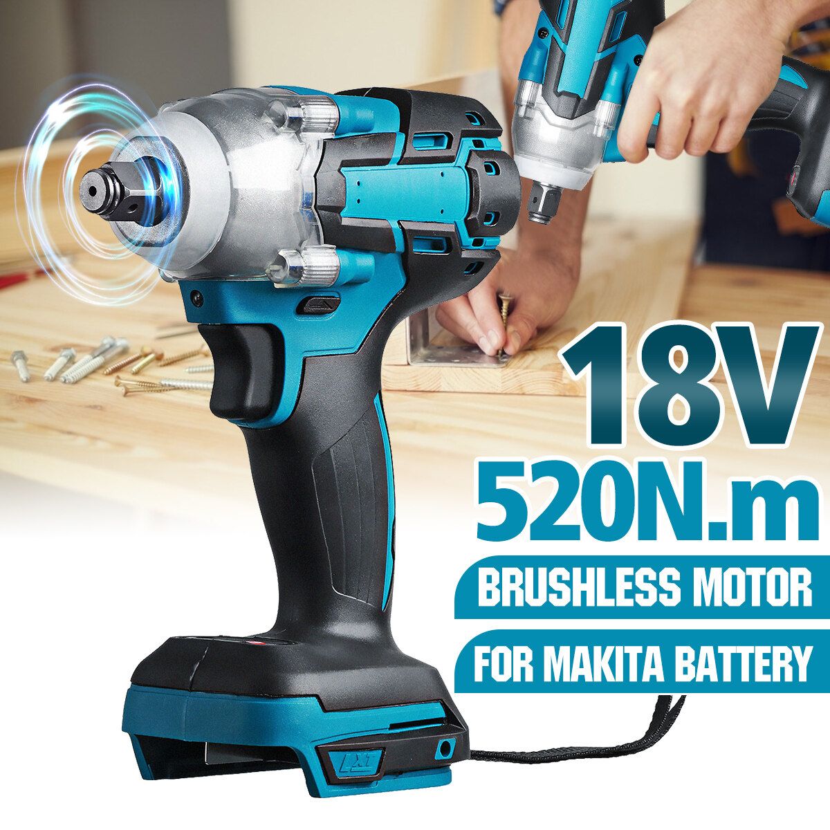 18V 520Nm 1/2 Torque Impact Wrench Brushless Cordless Electric Impact Wrench Drill Tool With Led Light Not Included