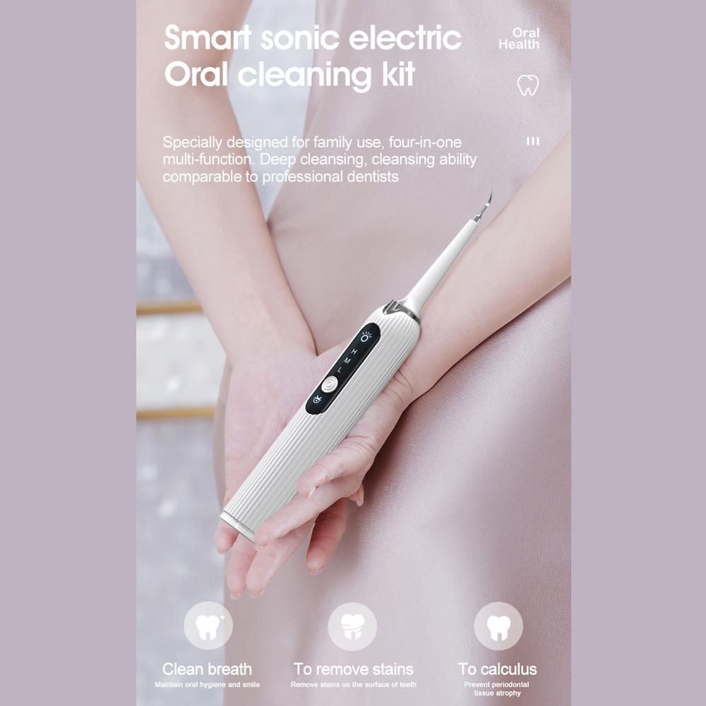 Electric Dental Calculus Remover High Frequency Vibration Rechargeable Plaque/Tartar Remover Teeth Cleaning Tools Dental Cleaning Kit with 4 Clean Heads/3 Adjustable Modes