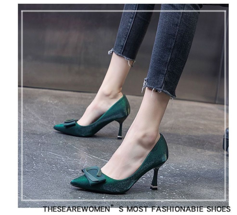Green Women's 2022 New Pointed Satin Stilettos Heel Height 6cm