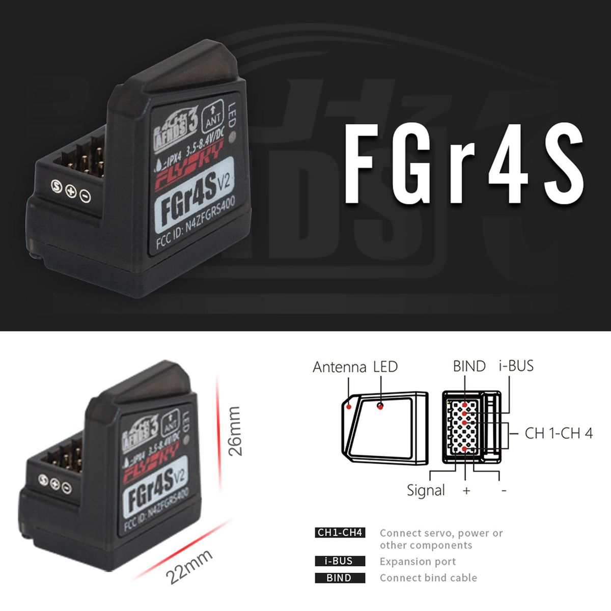 Flysky FGR4S V2 Receiver AFHDS 3 Built-in Single-Antenna Bidirectional PWM /PPM / IBUS Output Receiver for Flysky NB4 PL18 RC Transmitter