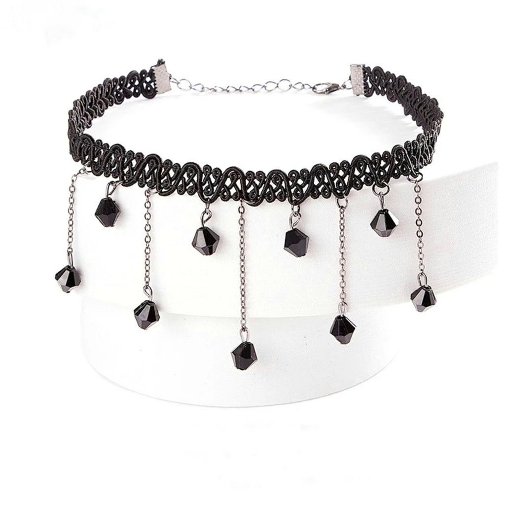 Women Vintage Crystal Drop Tassel Choker Black
