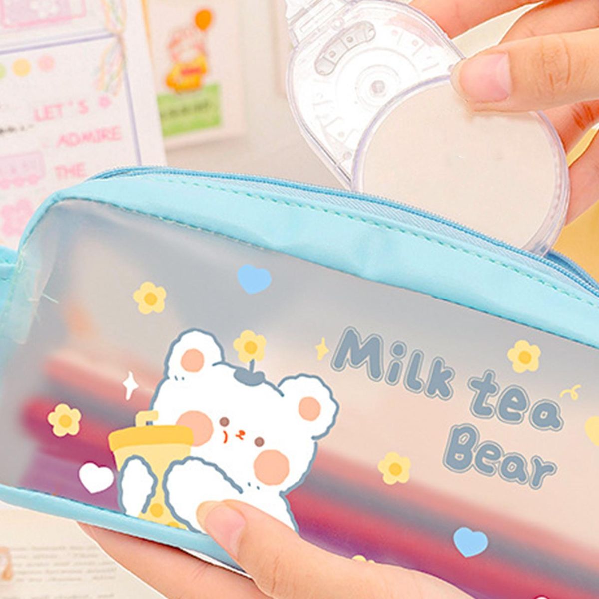 Pencil Bag INS Simple Frosted Clear Pen Case Blue