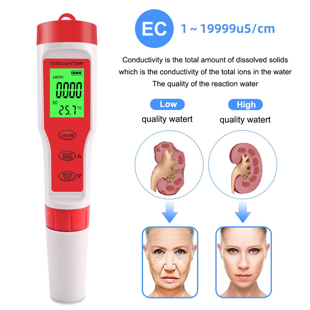 PH/TDS/EC/Temperature Meter Digital Water Quality Monitor Tester For Pools Drinking Water Aquariums