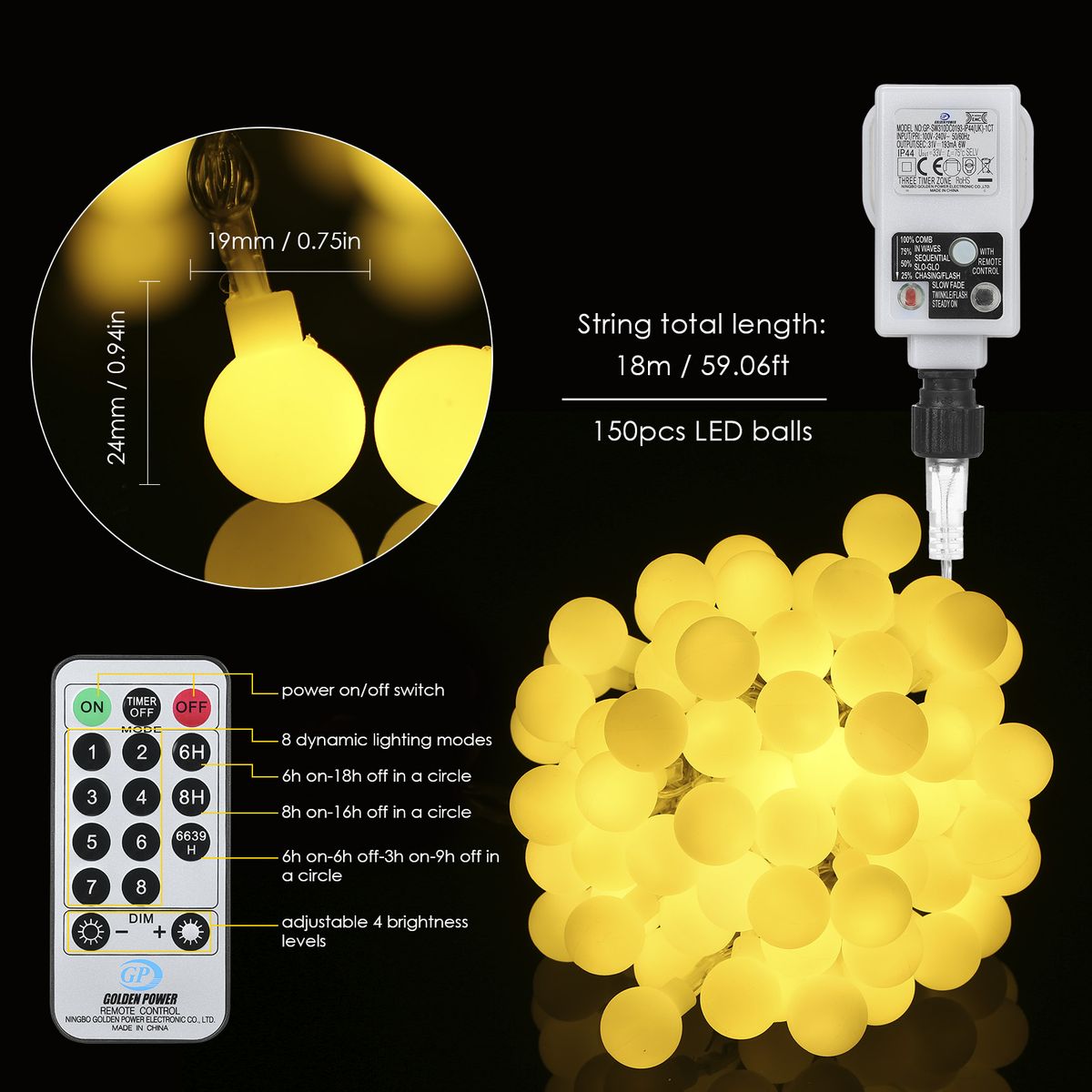 Neoglint Plug-in Fairy Lights 18m 150 LEDs  With Controller