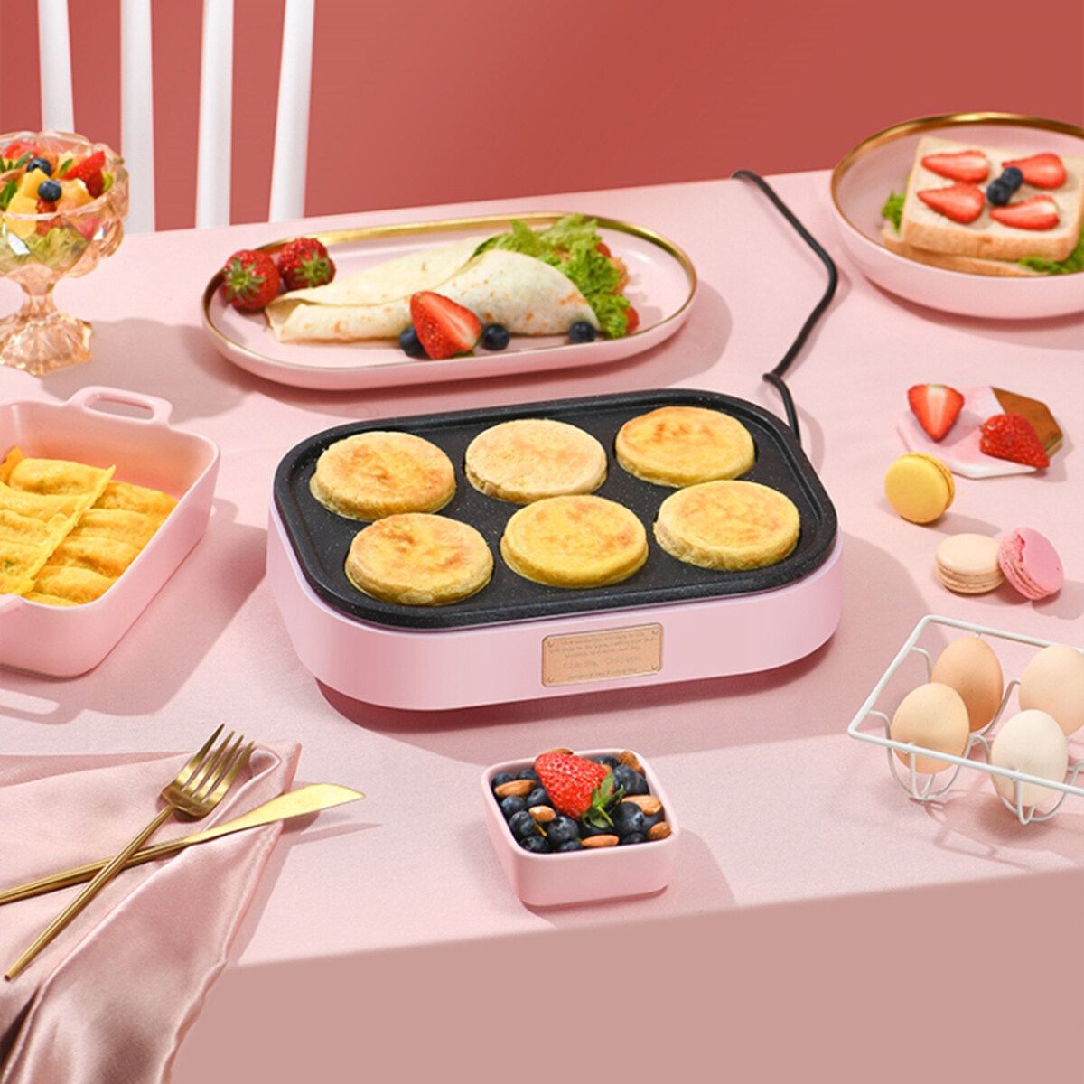 220V 900W Electric Pan Fried Eggs Roasted Hamburger Pancake Machine Red Beans Cake - Black, Pink, White Pink