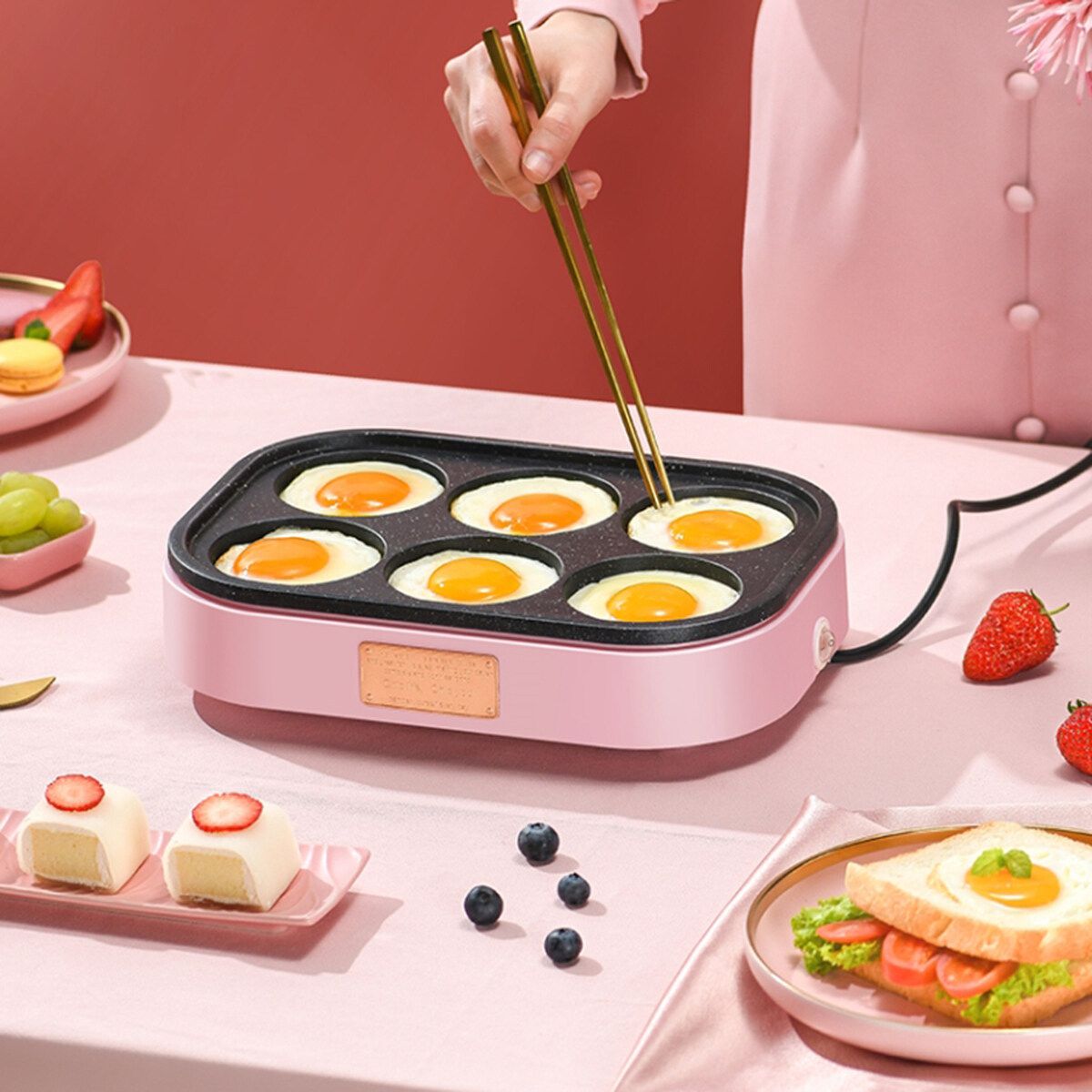 220V 900W Electric Pan Fried Eggs Roasted Hamburger Pancake Machine Red Beans Cake - Black, Pink, White Pink