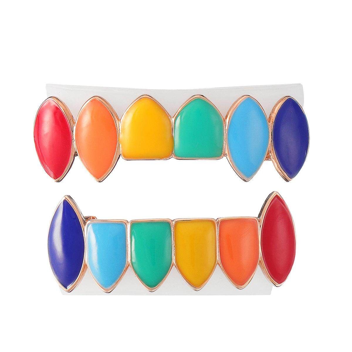 Multi- Hip Hop Teeth Cubic Zirconia Top & Bottom Grills Clown Grillz Set # Rose Gold