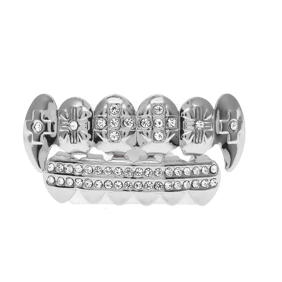 Gold Silver Rhinesto Plated Hip Hop Teeth Grillz Top Bottom Grill Teeth Grills # Diamond Silver Set Silver Suit (full Diamond)