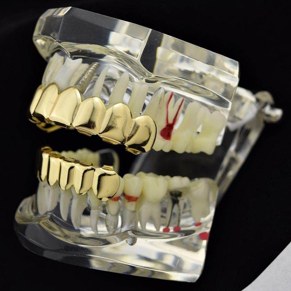 Grillz Set Gold Finish Eight 8 Top Teeth & 6 Bottom Tooth Plain Hip Hop Grills