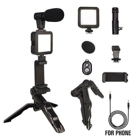 Video Creation Kit With Tripod Stabilizer Phone Holder + Condenser Microphone &LED Light