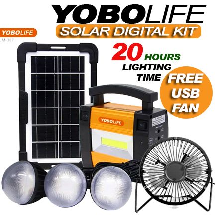 SOLAR PORTABLE ENERGY KIT WITH 3 BRIGHT BULBS & FREE USB FAN