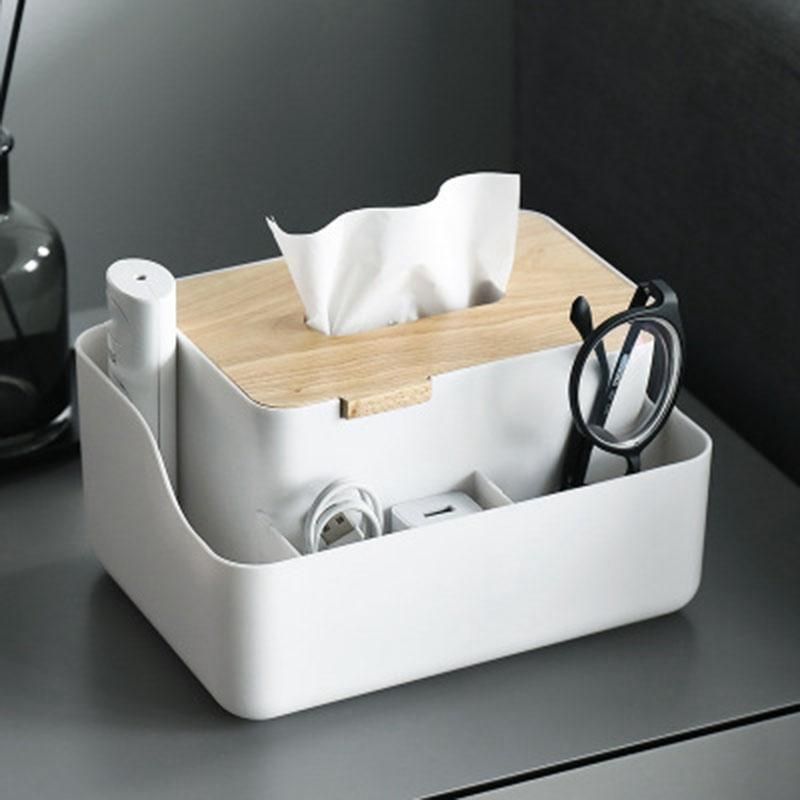 Bamboo Wood Cover Plastic Tissue Box Napkin Towel Container Desktop Storage Box Paper Towel Holder for
