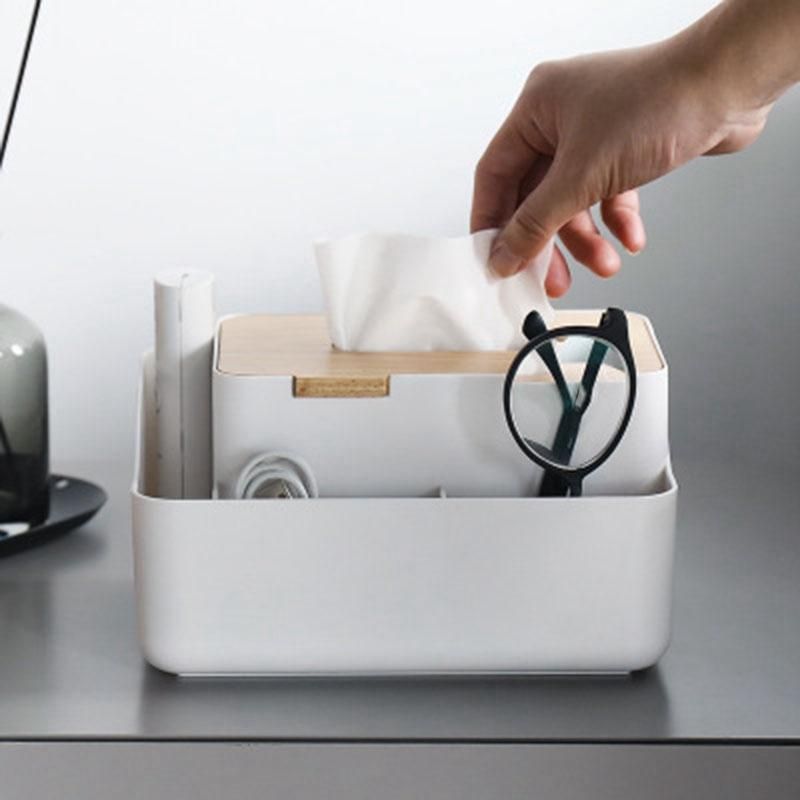 Bamboo Wood Cover Plastic Tissue Box Napkin Towel Container Desktop Storage Box Paper Towel Holder for
